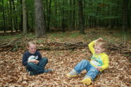 Kindergartenkinder spielen auf dem Waldboden